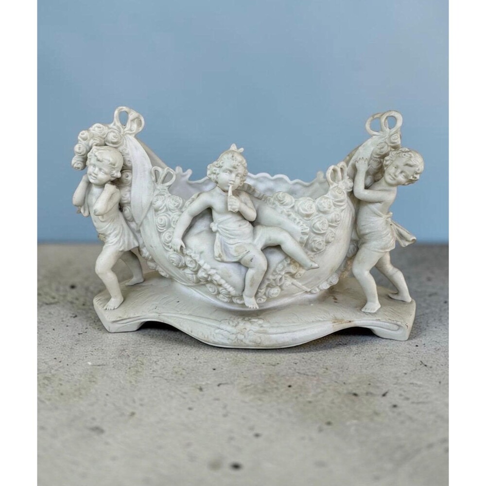 Antique German Bisque Porcelain Cherub Bowl, Putti Garland Jardiniere, Mold 4051